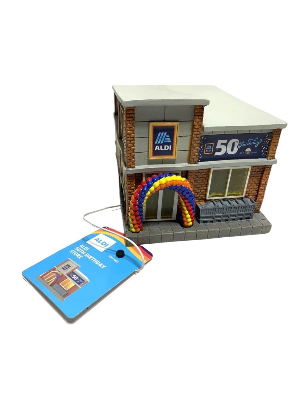 ALDI 50th Birthday Store Light Up Miniature with Rainbow Balloon Arch